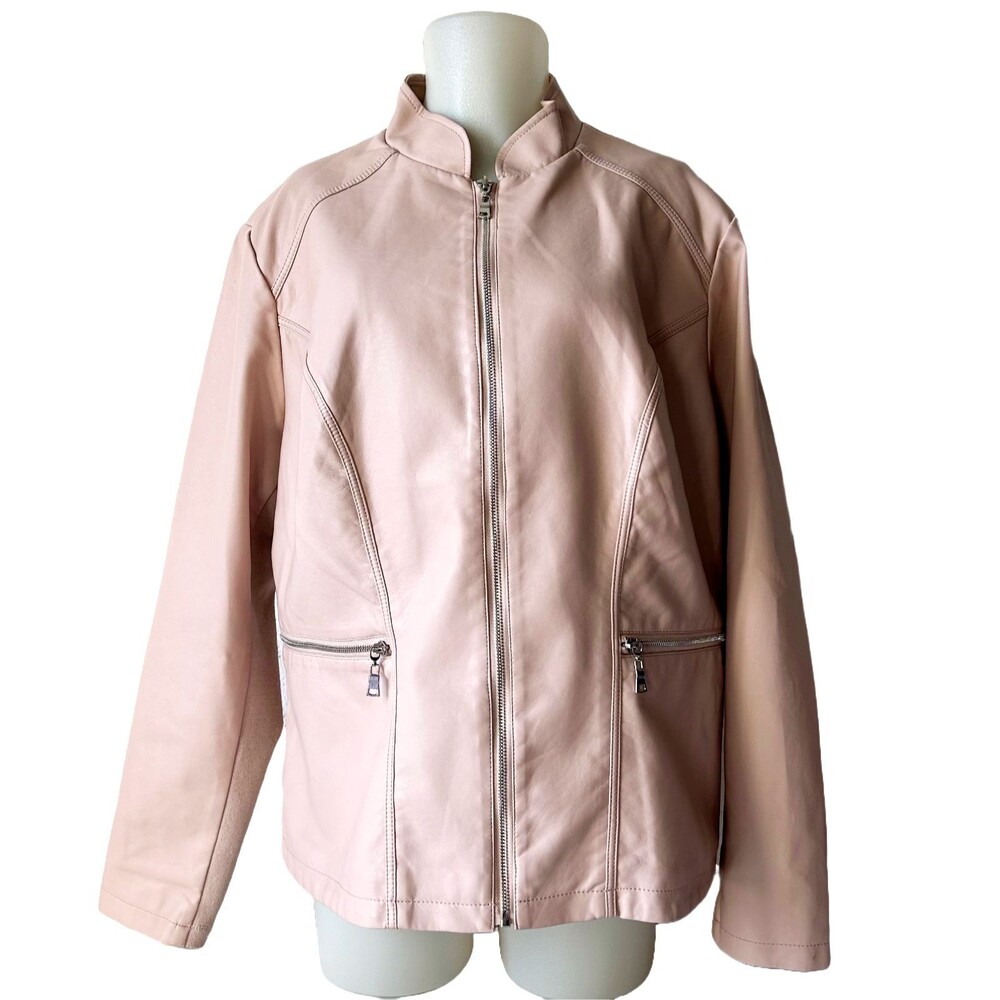 Dressbarn Jacket Pink Mandarin Collar Women's 1X Faux Leather Zipper Accents